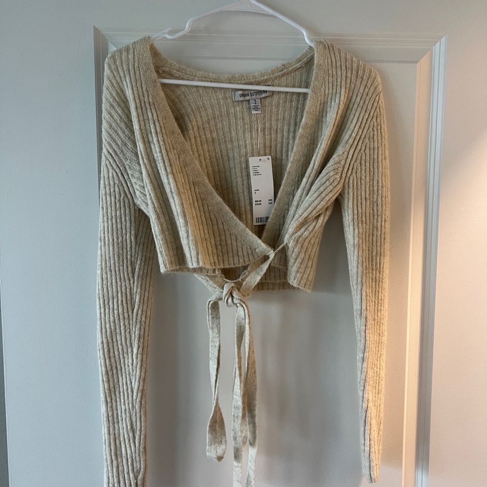 Cream Ribbed Wrap Sweater